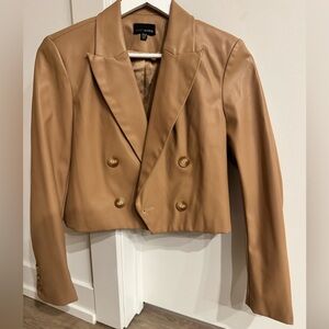 Lucy Paris Cropped Faux Leather Blazer in Camel